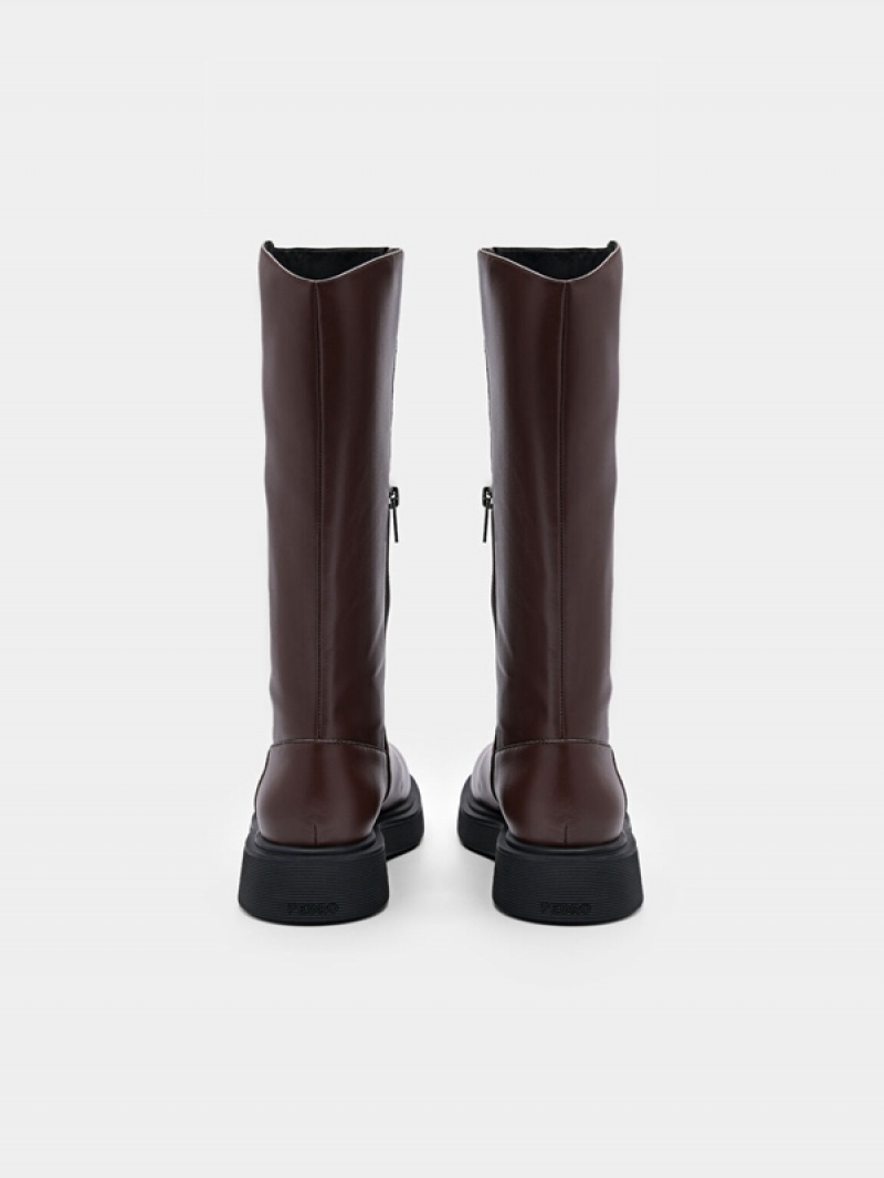 Dark Brown Women's Pedro Flo Leather Knee Boots | YCFJZS-347