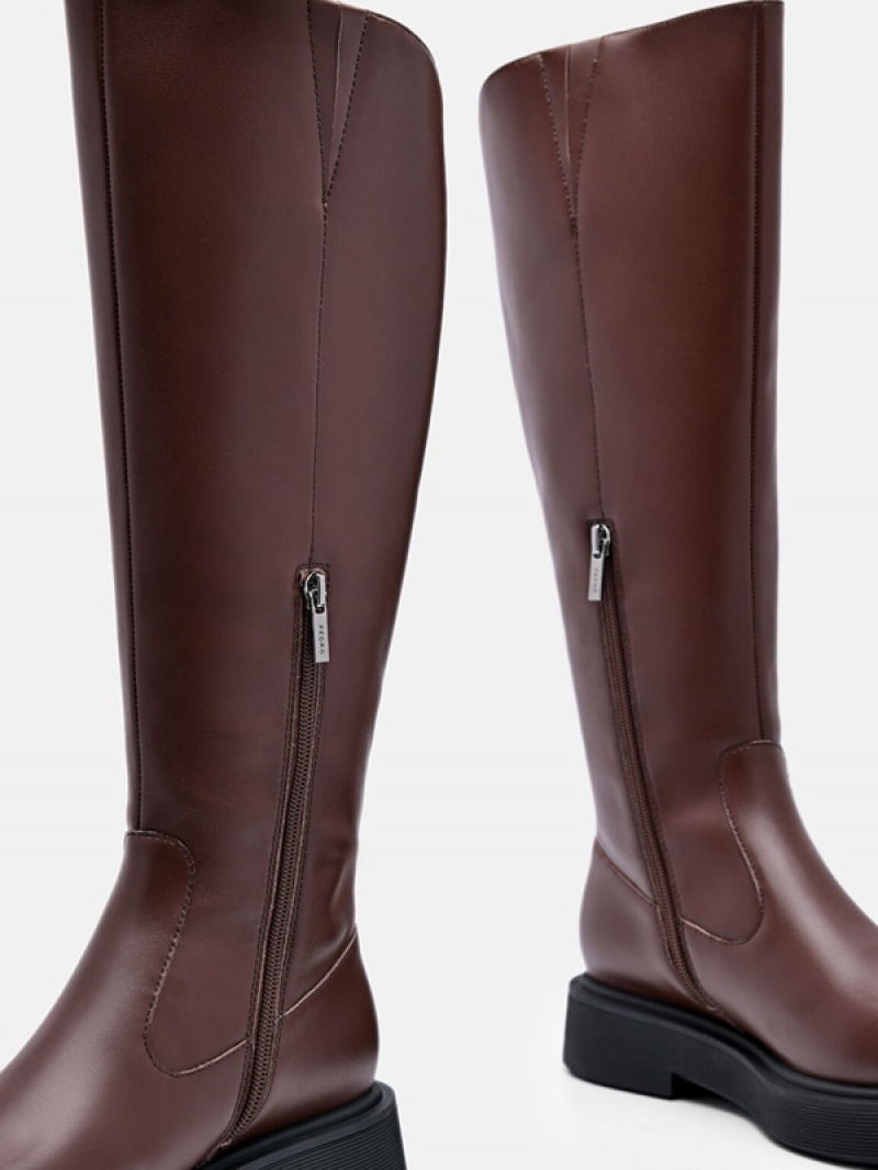 Dark Brown Women's Pedro Flo Leather Knee Boots | YCFJZS-347