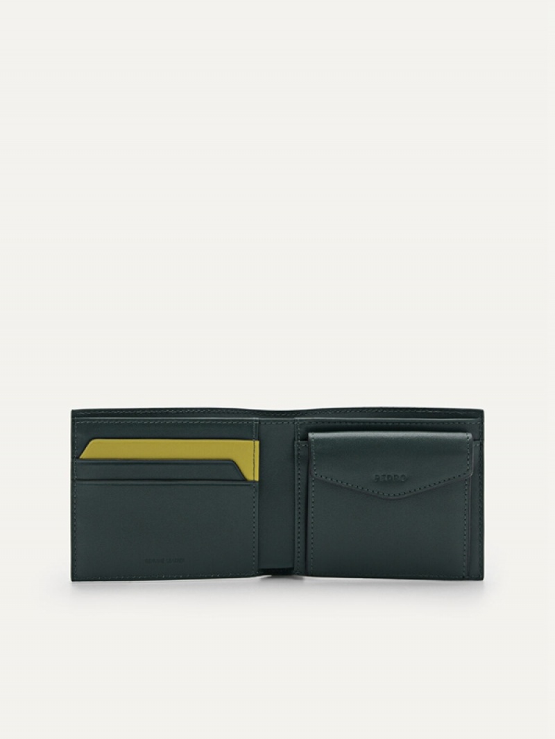 Dark Green Men's Pedro Embossed Leather Coin Bifold Wallet | IWLOMA-843