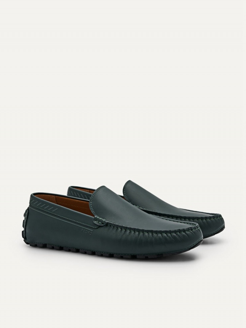 Dark Green Men's Pedro Leather Moccasins | JOXKZS-718