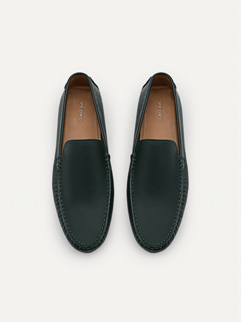 Dark Green Men's Pedro Leather Moccasins | JOXKZS-718