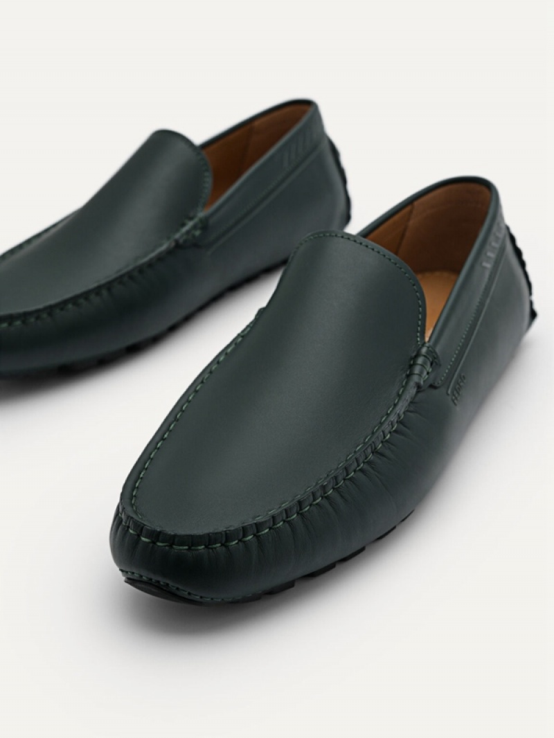 Dark Green Men's Pedro Leather Moccasins | JOXKZS-718