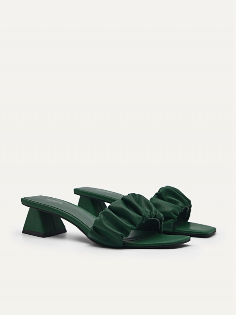 Dark Green Women's Pedro Ruched Heel Mules | LQAXDP-948