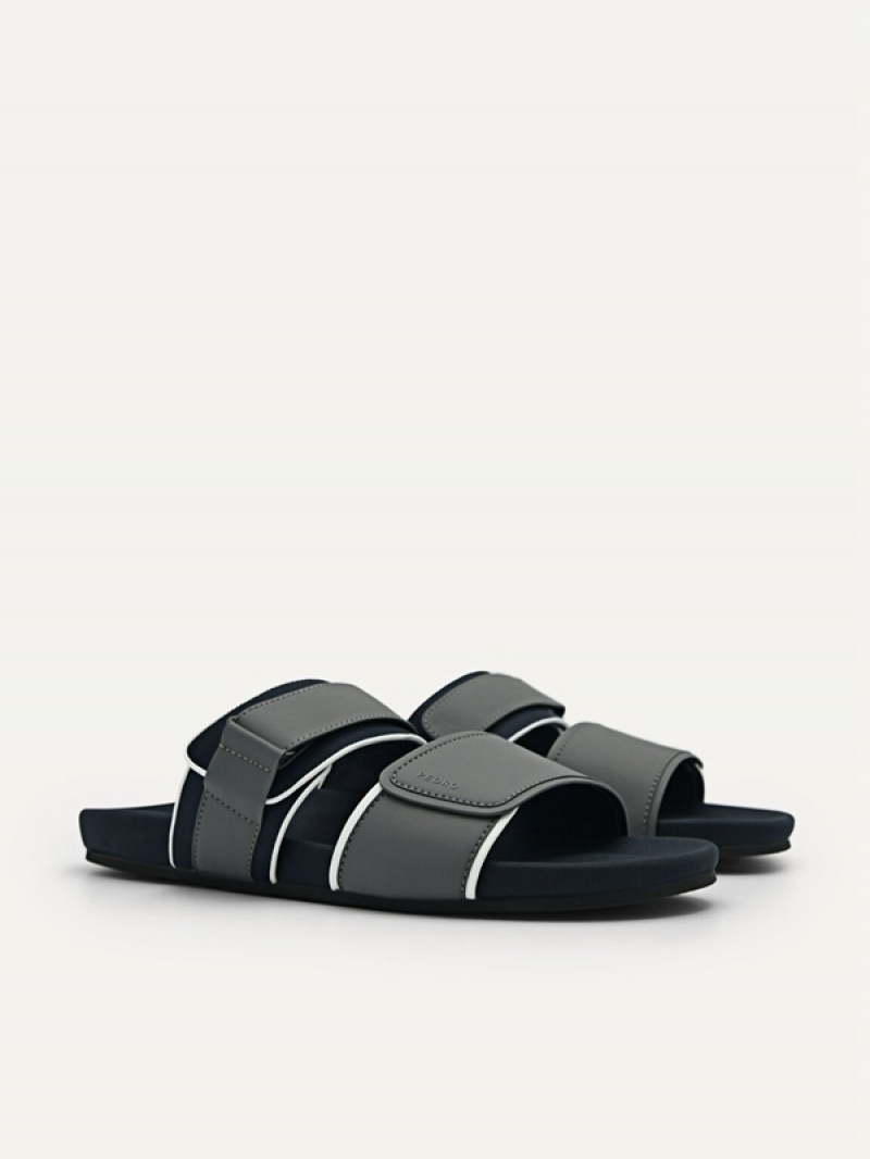 Dark Grey Men's Pedro Double Strap Slides | WMXGQU-790