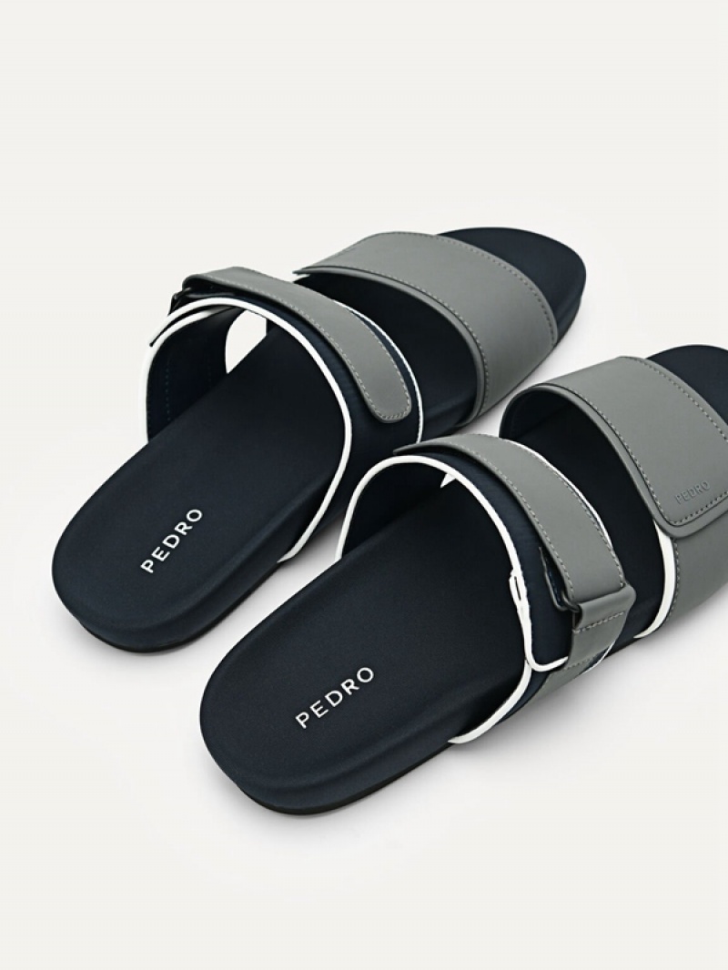 Dark Grey Men's Pedro Double Strap Slides | WMXGQU-790