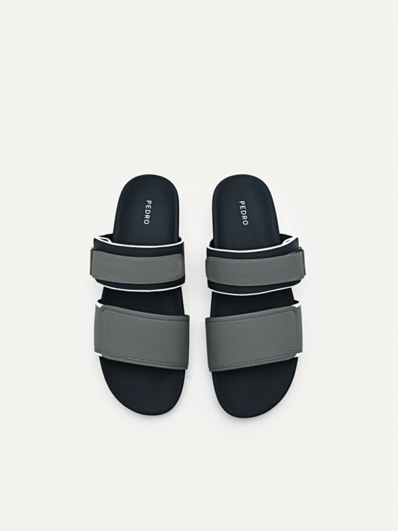 Dark Grey Men's Pedro Double Strap Slides | WMXGQU-790