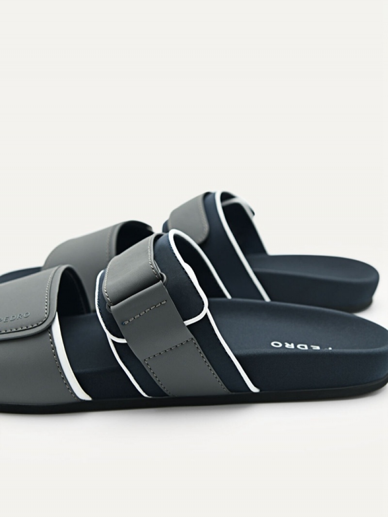 Dark Grey Men's Pedro Double Strap Slides | WMXGQU-790