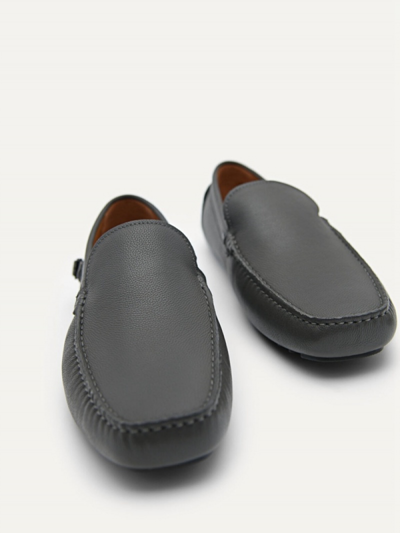 Dark Grey Men's Pedro Leather Driving with Side Buckle Moccasins | DUMJPB-095