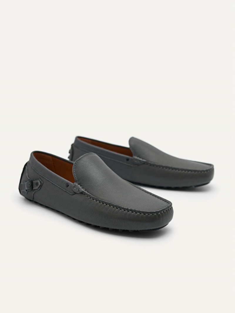 Dark Grey Men's Pedro Leather Driving with Side Buckle Moccasins | DUMJPB-095