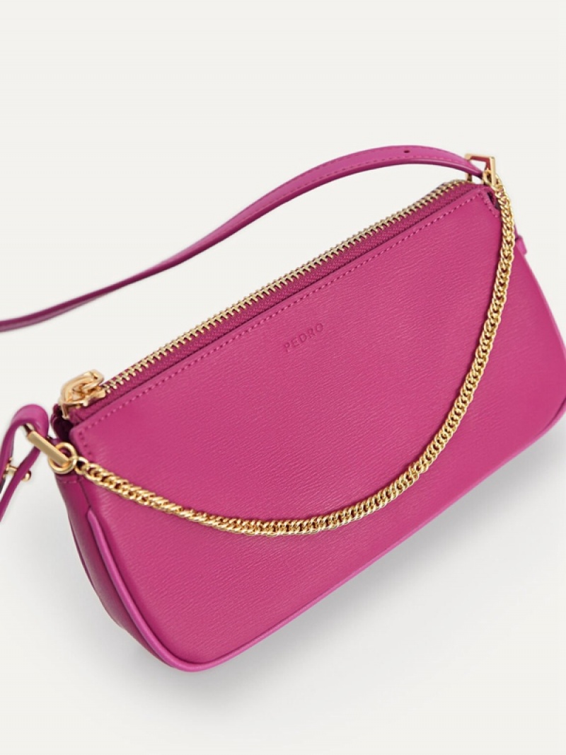 Fuchsia Women's Pedro Leather Chain Detailed Shoulder Bags | MKDQBO-781