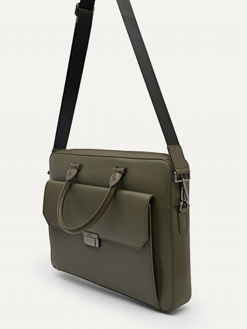 Green Men's Pedro Henry Textured Leather Briefcase | LRNYZI-723