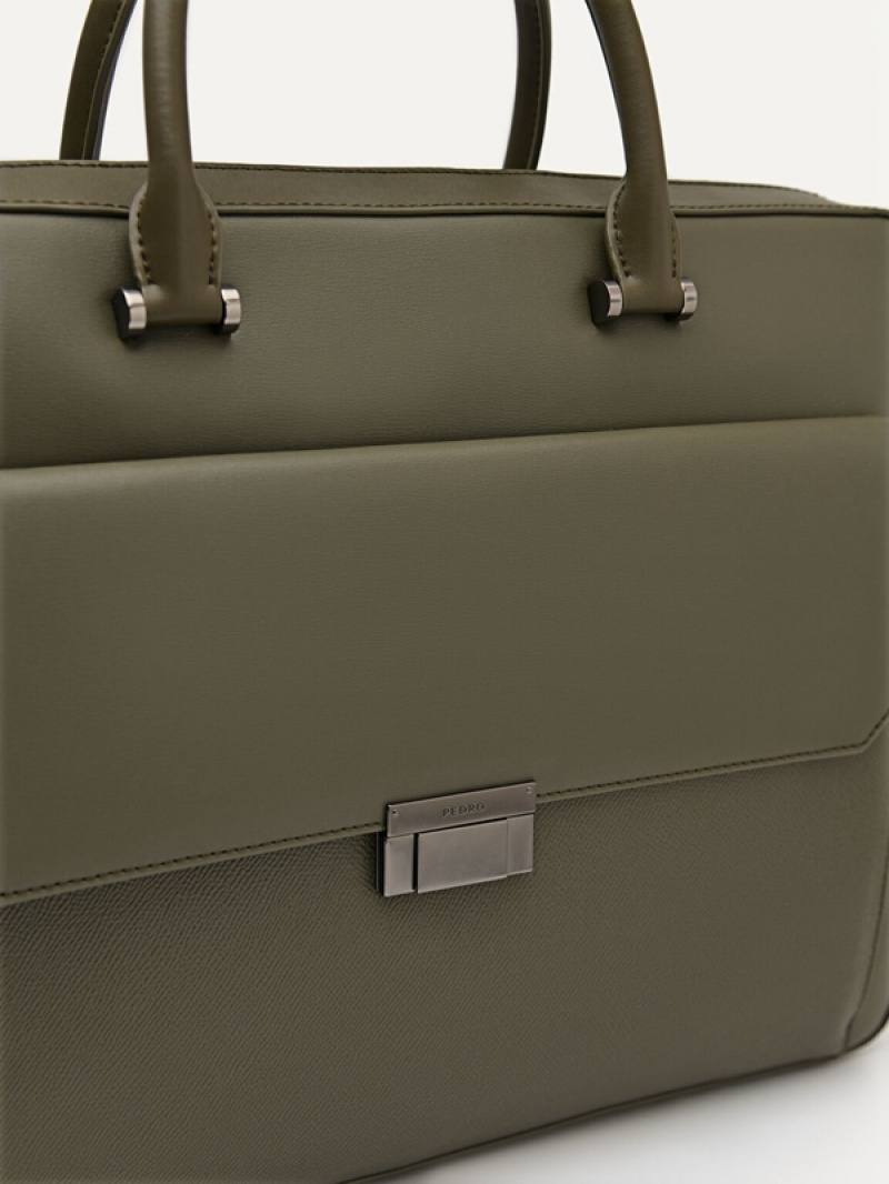 Green Men's Pedro Henry Textured Leather Briefcase | LRNYZI-723