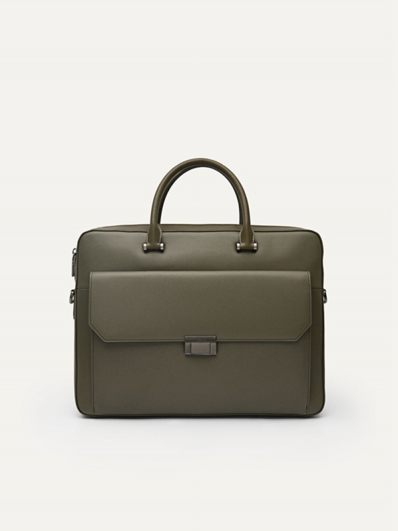 Green Men\'s Pedro Henry Textured Leather Briefcase | LRNYZI-723