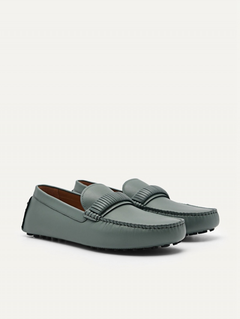 Green Men's Pedro Kent Leather Moccasins | UEZFAT-568