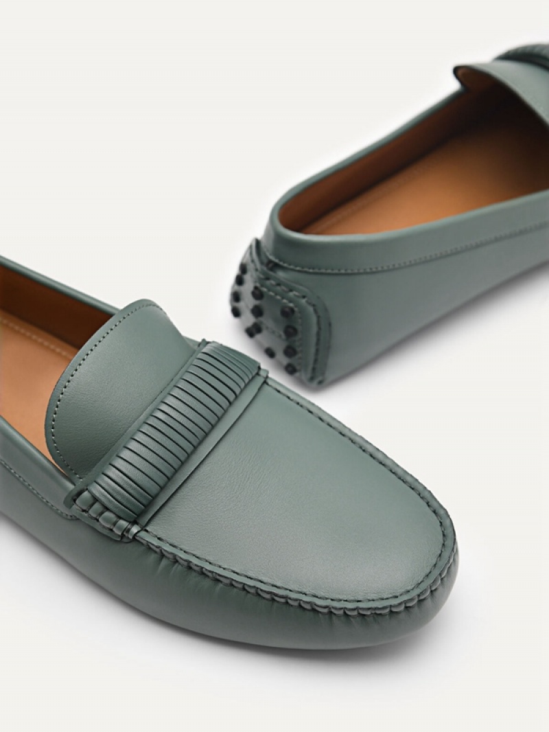 Green Men's Pedro Kent Leather Moccasins | UEZFAT-568