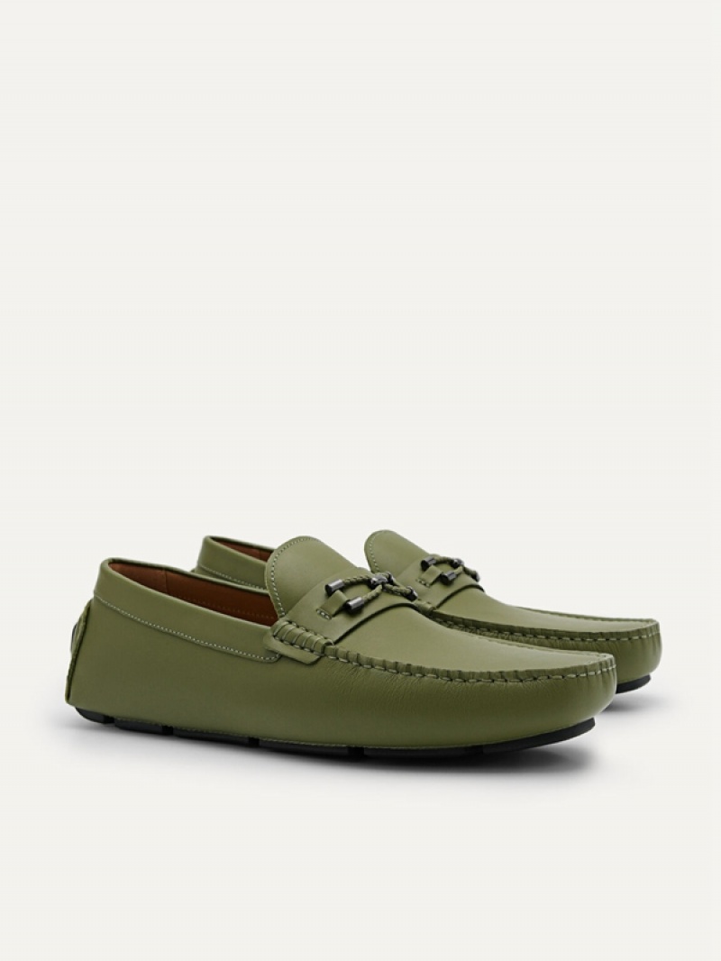 Green Men's Pedro Leather Horsebit Moccasins | IUFCJE-642