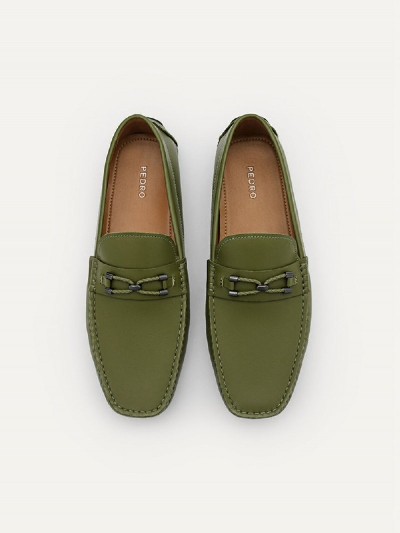 Green Men's Pedro Leather Horsebit Moccasins | IUFCJE-642