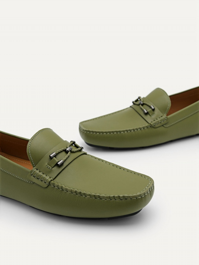 Green Men's Pedro Leather Horsebit Moccasins | IUFCJE-642