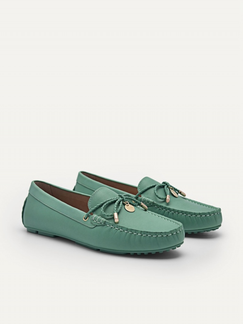 Green Women's Pedro Yasmin Leather Bow Moccasins | RYCAWX-840