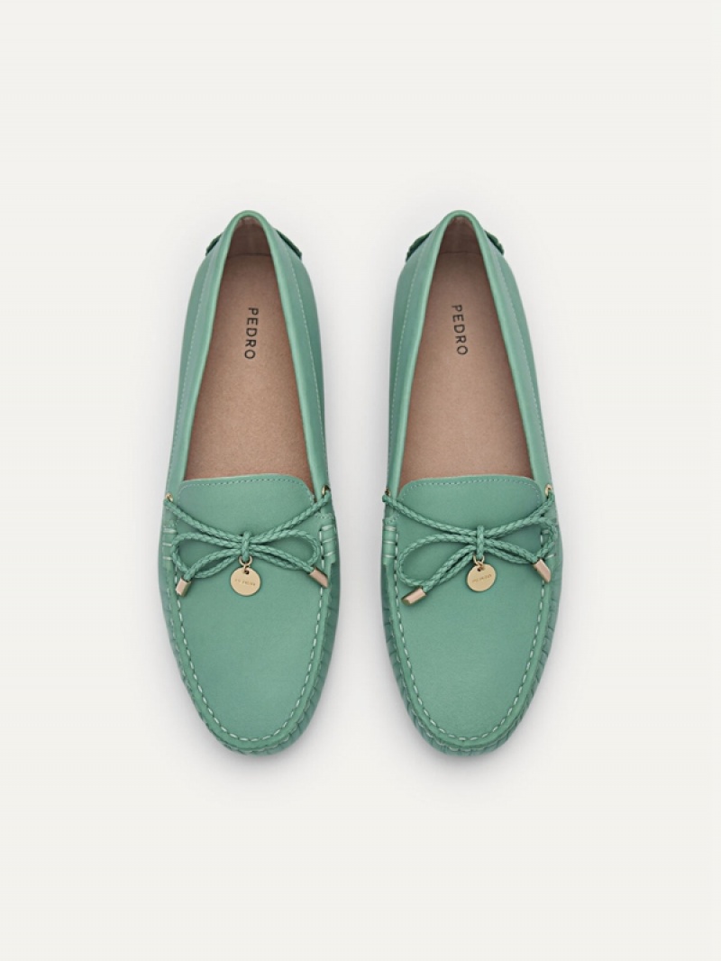 Green Women's Pedro Yasmin Leather Bow Moccasins | RYCAWX-840