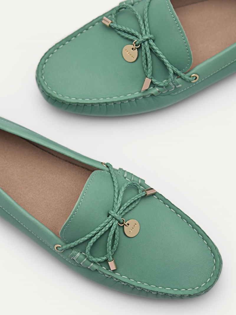 Green Women's Pedro Yasmin Leather Bow Moccasins | RYCAWX-840