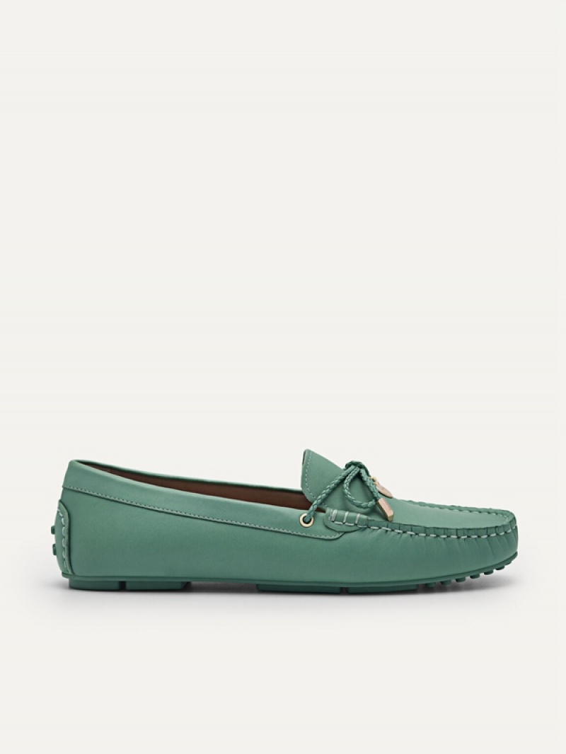 Green Women\'s Pedro Yasmin Leather Bow Moccasins | RYCAWX-840