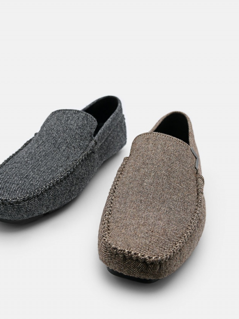 Grey Brown Men's Pedro Fabric Moccasins | COEFGT-621