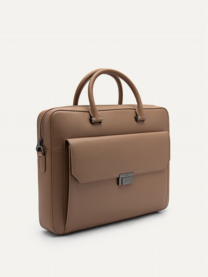 Grey Brown Men's Pedro Henry Textured Leather Briefcase | FZKMBT-146