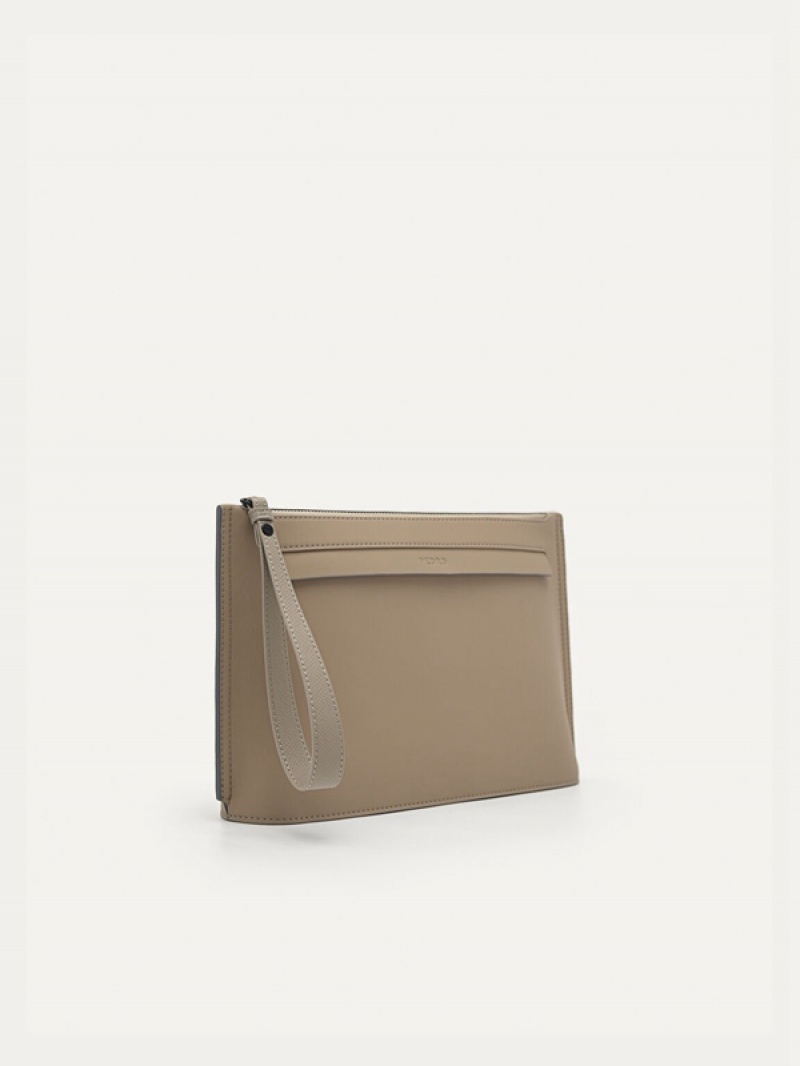 Grey Brown Men's Pedro Zipper Clutch Bag | ZHDVNL-597