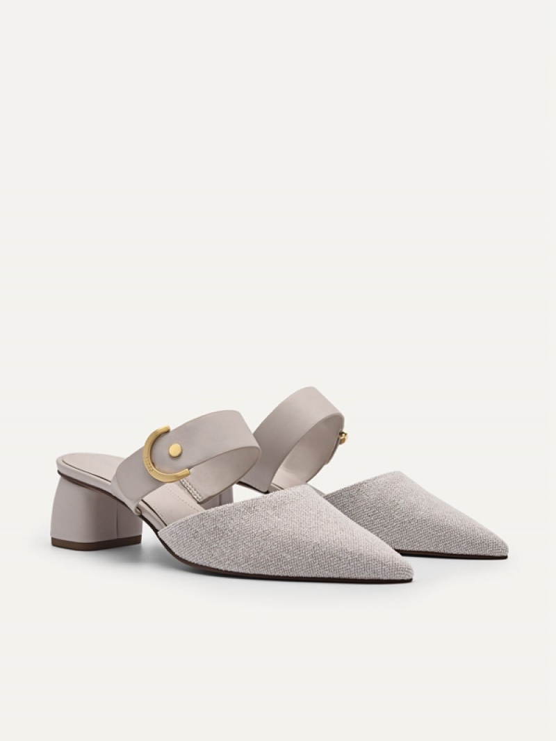 Grey Brown Women's Pedro Yasmin Linen Heel Mules | OTARIQ-012