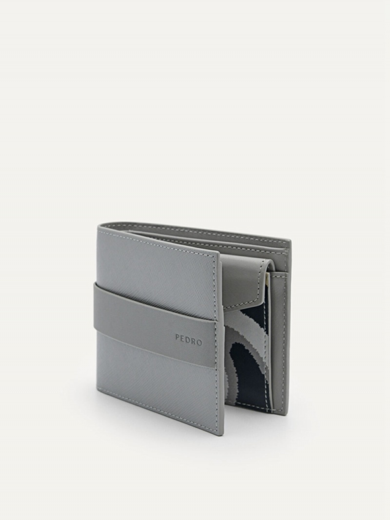 Grey Men's Pedro Embossed Leather Coin Bifold Wallet | RQCTES-573