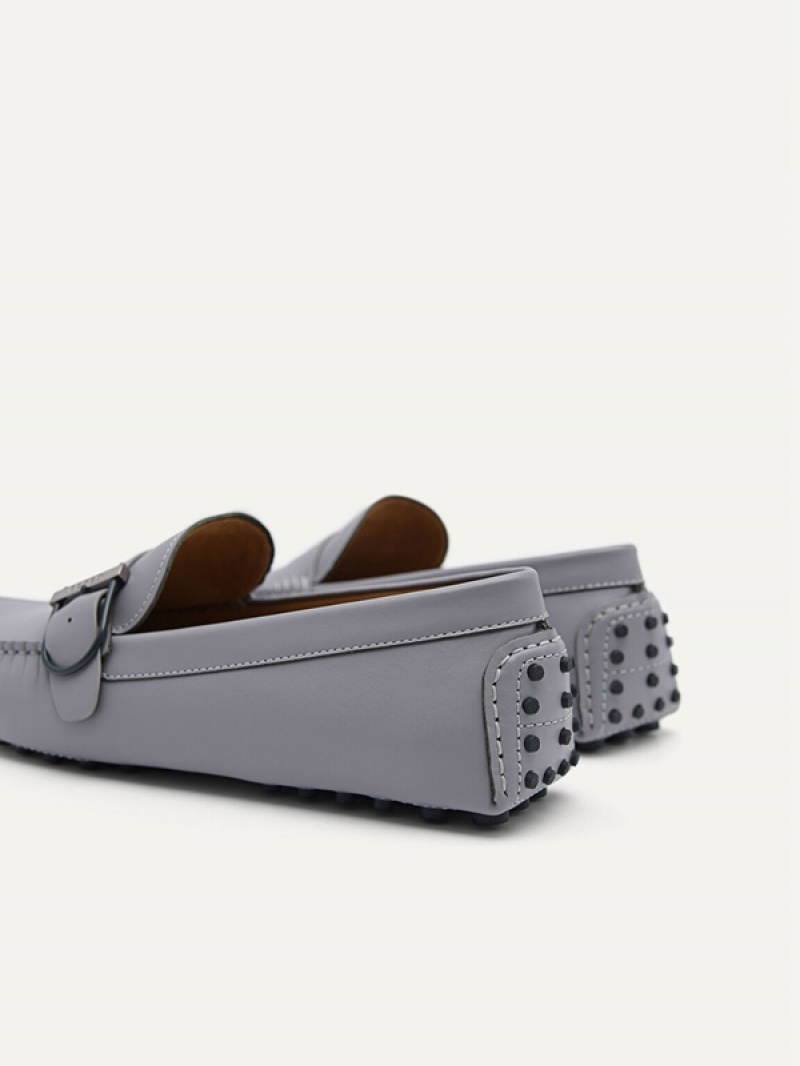 Grey Men's Pedro Leather Driving with Adjustable Strap Moccasins | KVXNSL-094