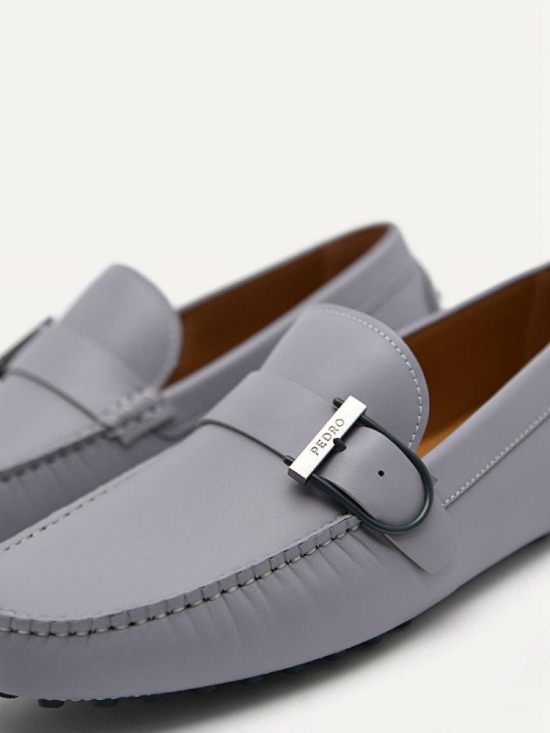 Grey Men's Pedro Leather Driving with Adjustable Strap Moccasins | KVXNSL-094