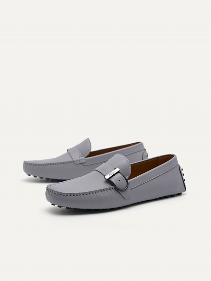 Grey Men's Pedro Leather Driving with Adjustable Strap Moccasins | KVXNSL-094