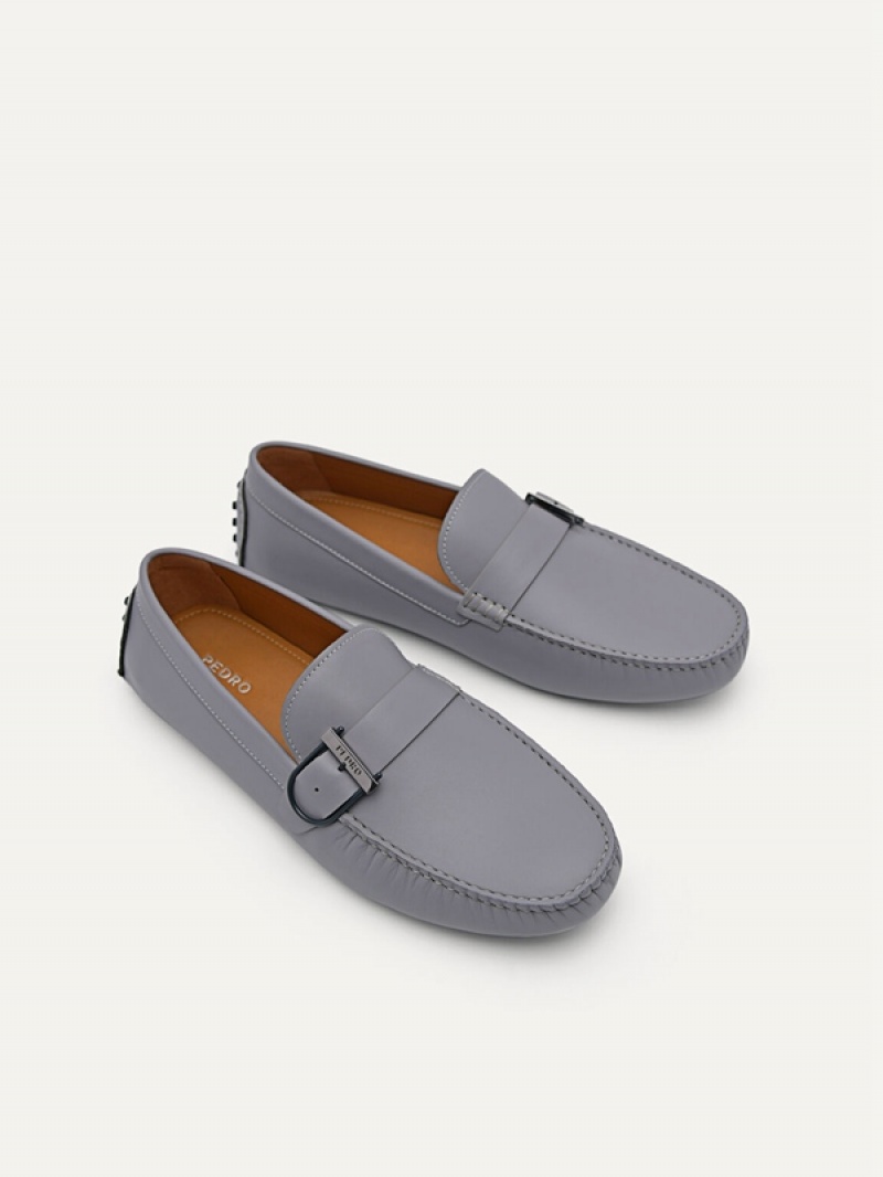 Grey Men's Pedro Leather Driving with Adjustable Strap Moccasins | KVXNSL-094