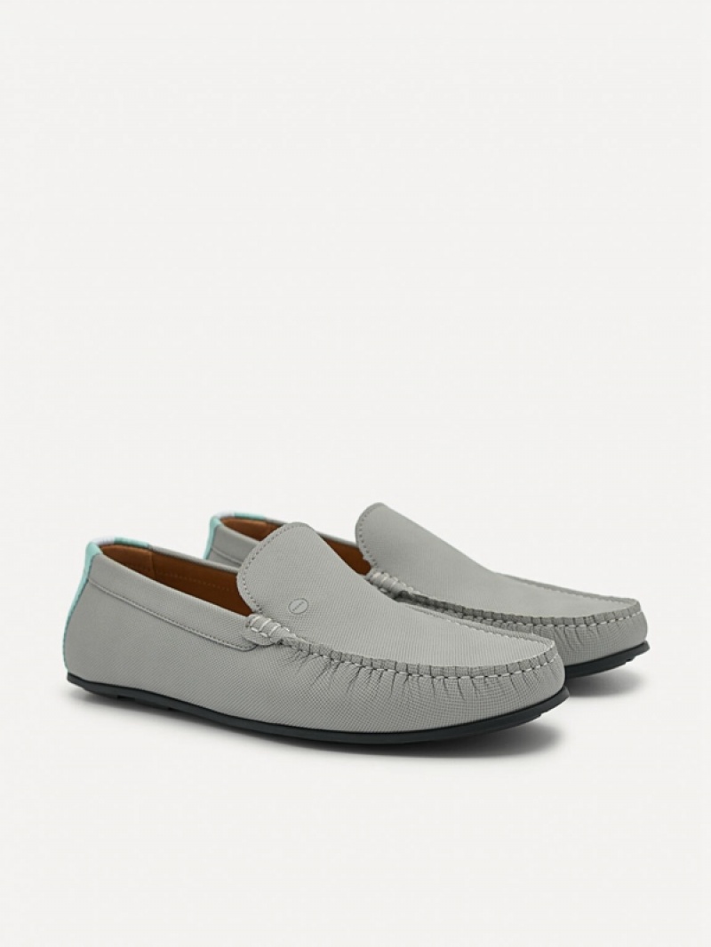 Grey Men's Pedro Leather & Fabric Slip-On Moccasins | PXQLUK-062