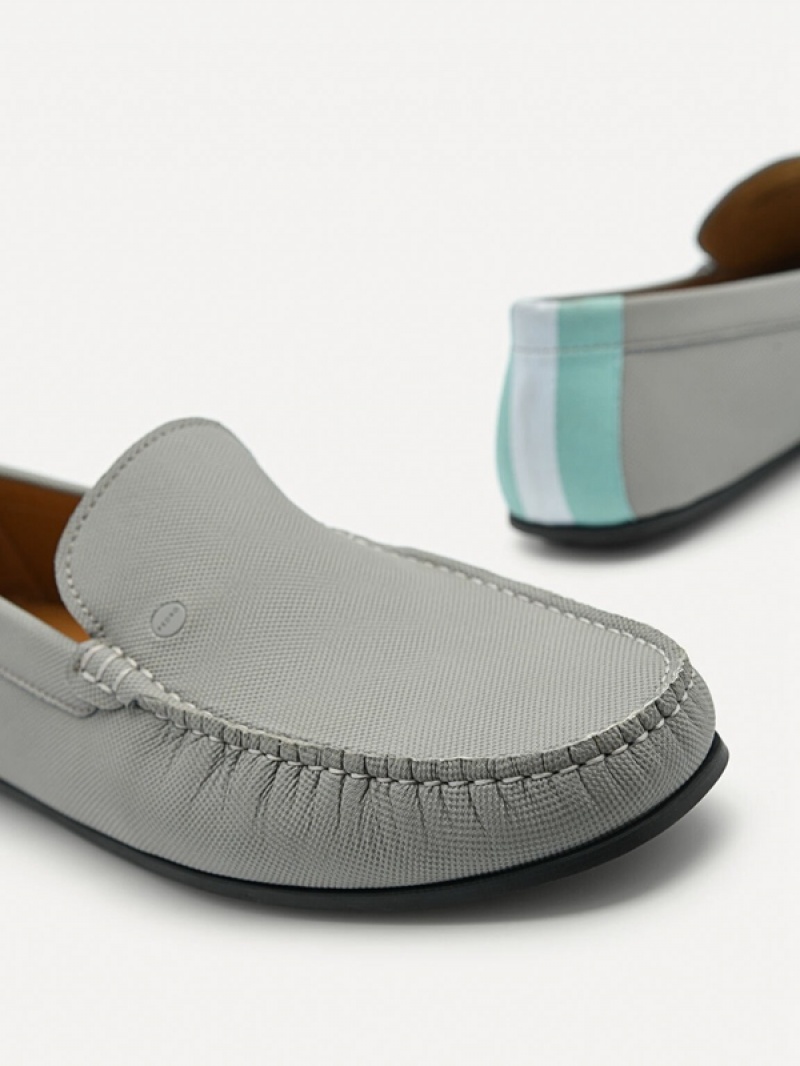 Grey Men's Pedro Leather & Fabric Slip-On Moccasins | PXQLUK-062