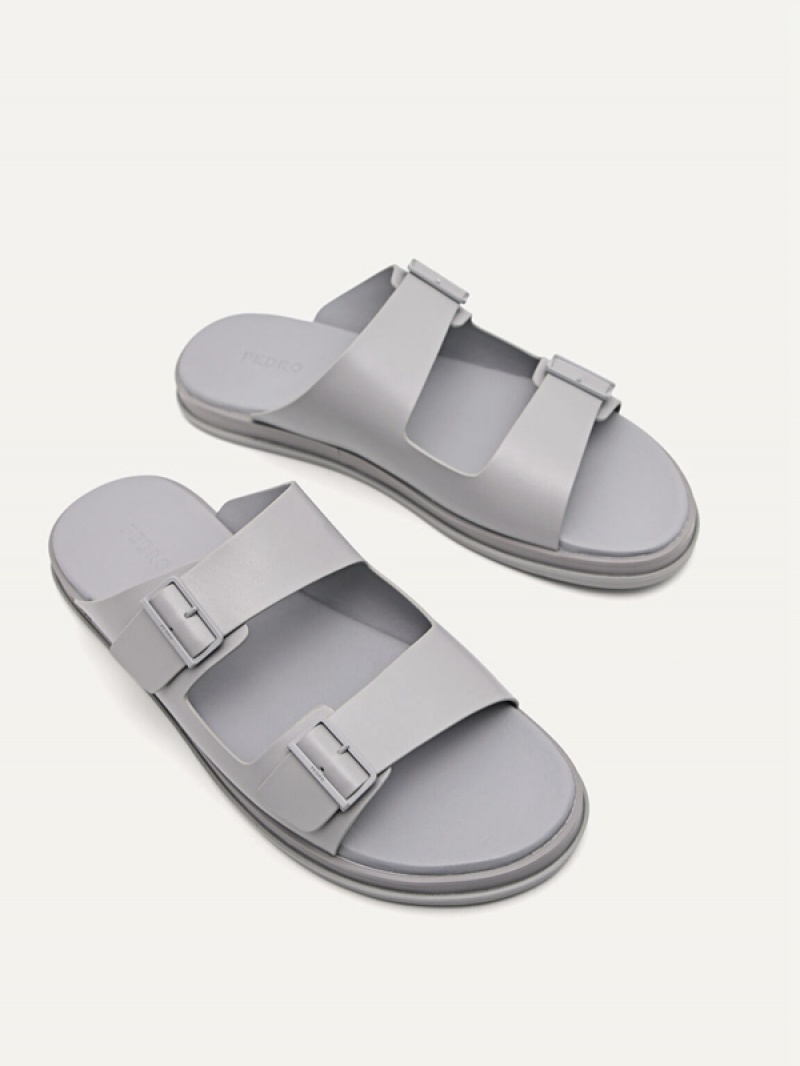 Light Grey Men's Pedro Monochrome Double Strap Slides | NJUGQZ-037