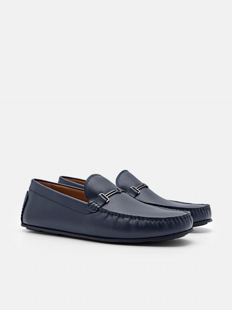 Navy Men's Pedro Anthony Leather Moccasins | FHRENU-958