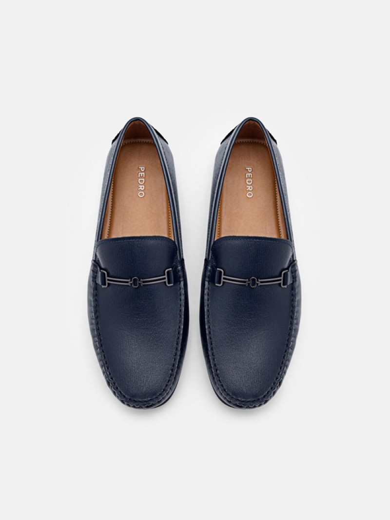 Navy Men's Pedro Anthony Leather Moccasins | FHRENU-958