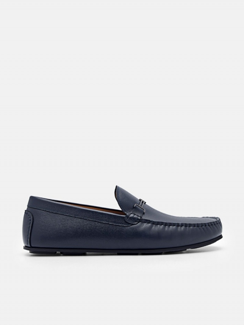 Navy Men\'s Pedro Anthony Leather Moccasins | FHRENU-958