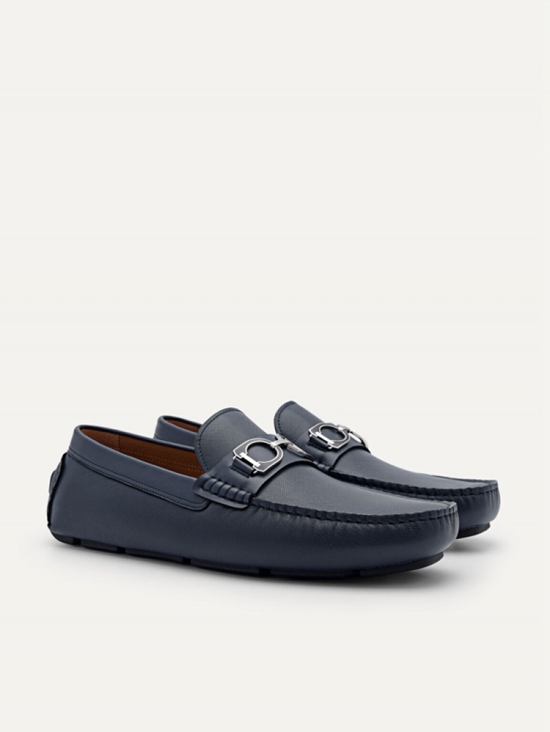 Navy Men's Pedro Antonio Leather Moccasins | UXMTHJ-870