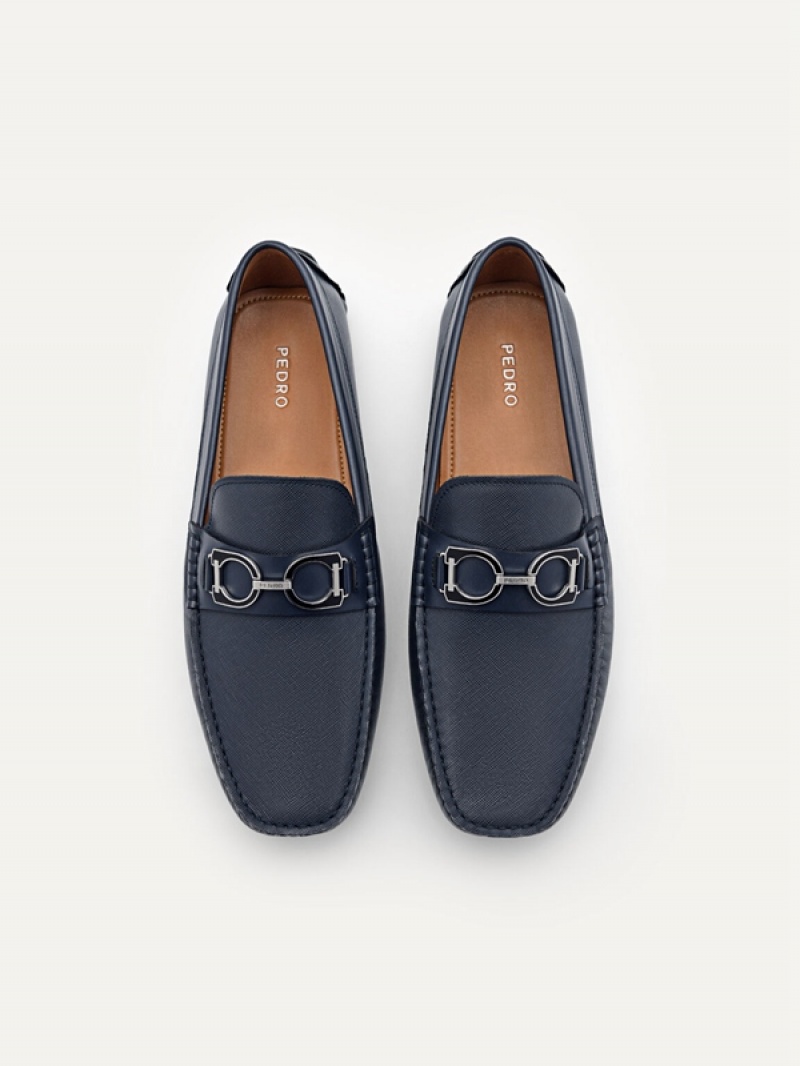 Navy Men's Pedro Antonio Leather Moccasins | UXMTHJ-870