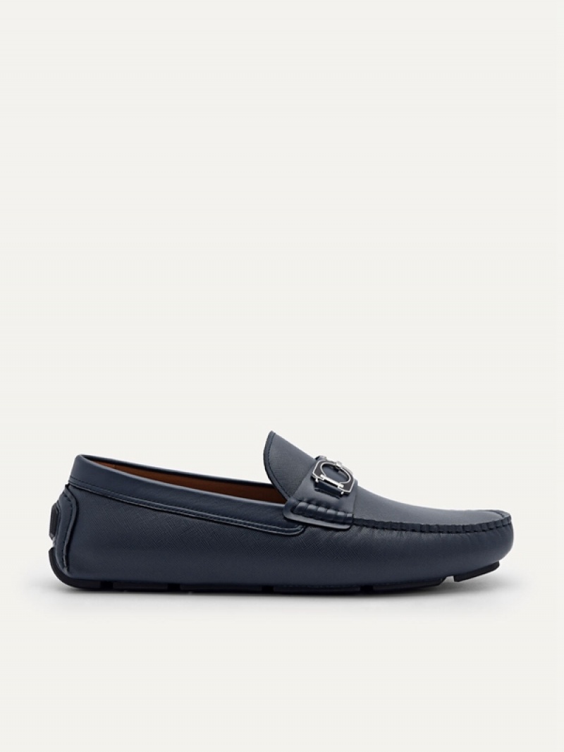 Navy Men\'s Pedro Antonio Leather Moccasins | UXMTHJ-870