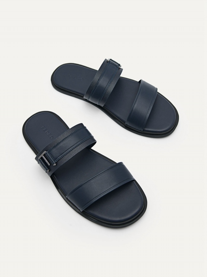 Navy Men's Pedro Band Slides | VYXHRF-469