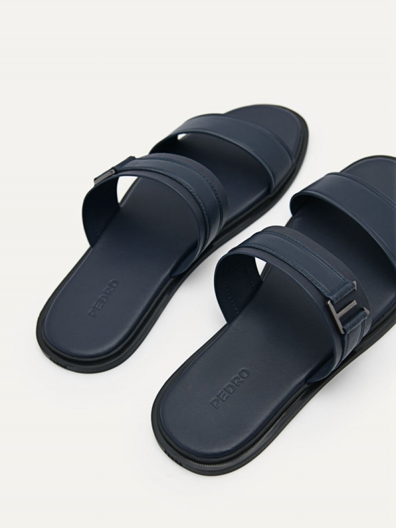 Navy Men's Pedro Band Slides | VYXHRF-469