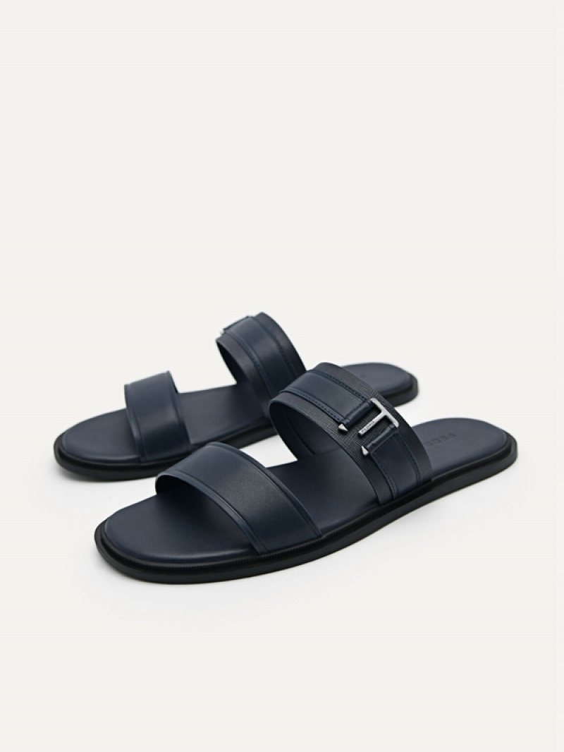 Navy Men's Pedro Band Slides | VYXHRF-469