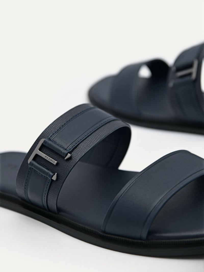 Navy Men's Pedro Band Slides | VYXHRF-469