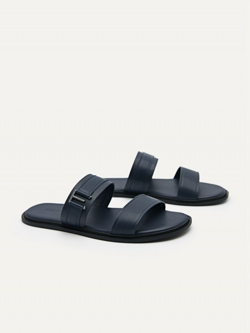 Navy Men's Pedro Band Slides | VYXHRF-469