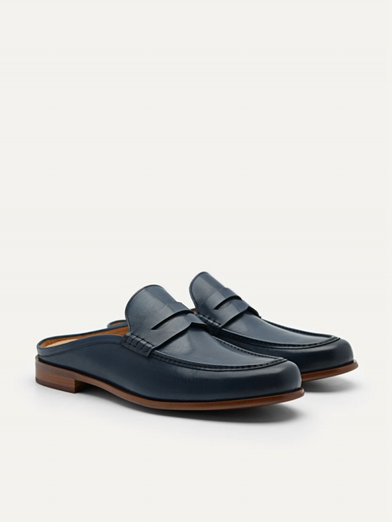 Navy Men's Pedro Blake Leather Slip-On Loafers | KZIQTV-618